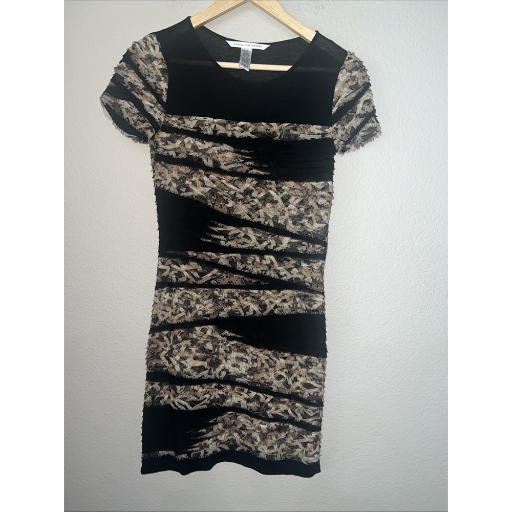Diane Von Furstenberg BLACK/BROWN  100% Silk Sheath Dress Women's SIZE P